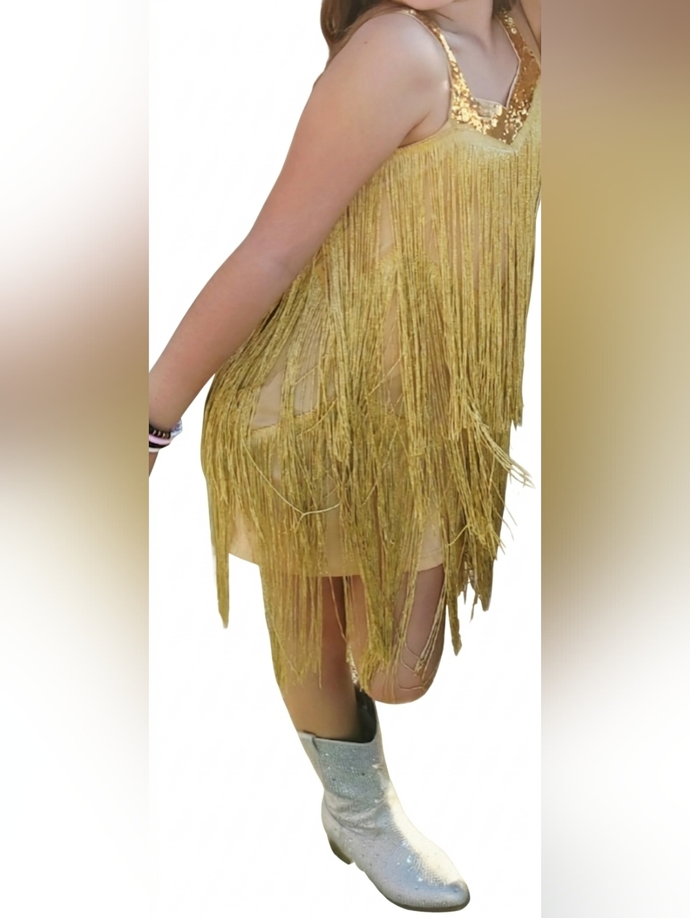 Girls Gold Fringe Party Dress